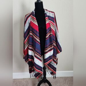 Bay Sky Vintage Woman's Pancho Multi Colored Black Blue Red White Tassles OSFA